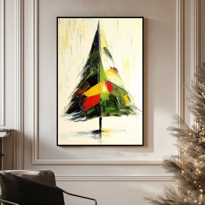 Abstract painting of a holiday tree with bold green, red, and yellow brushstrokes on a light background.