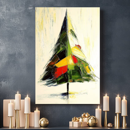 Abstract painting of a holiday tree with bold green, red, and yellow brushstrokes on a light background.