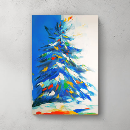 Abstract vibrant winter tree in blue with dynamic brushstrokes and colourful highlights.