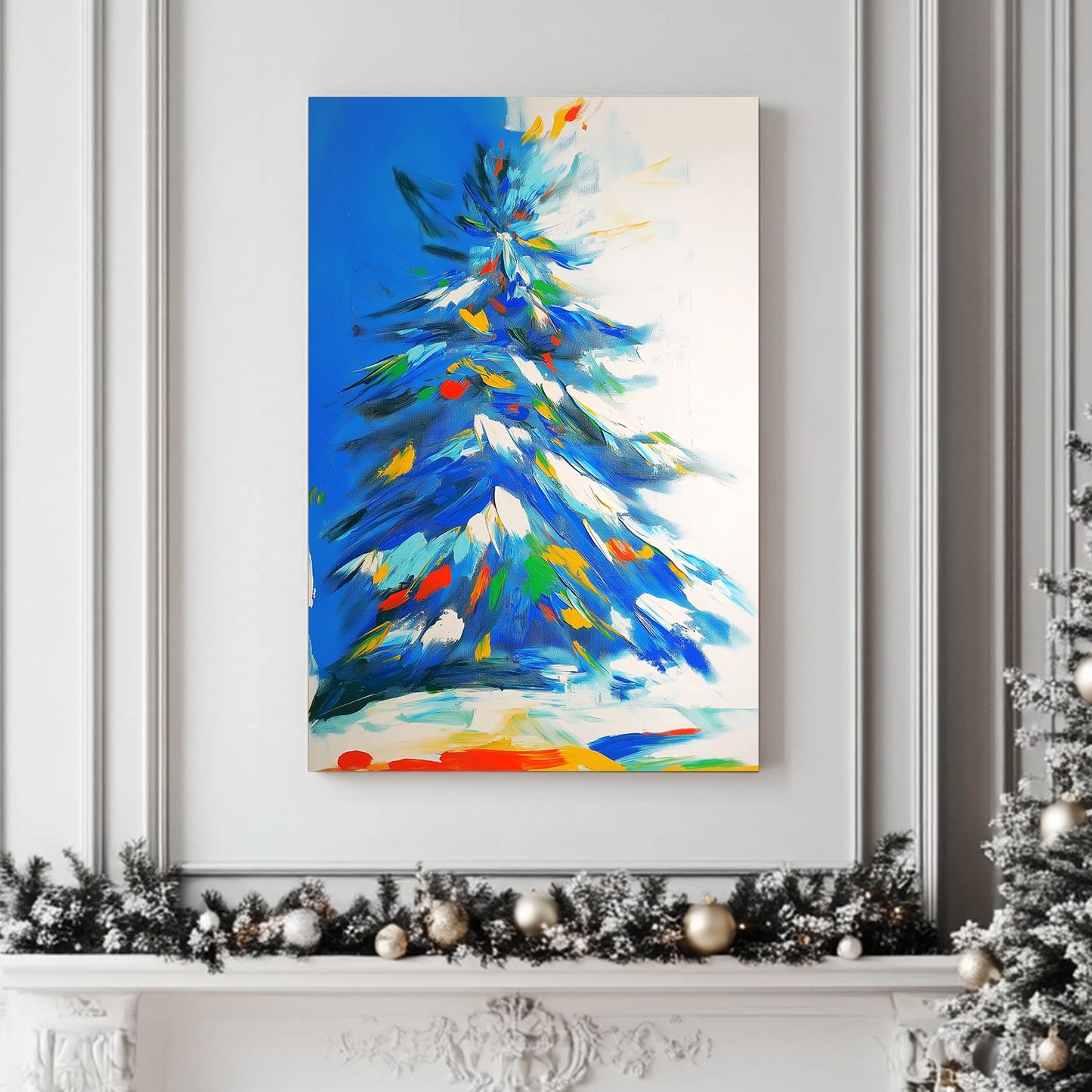 Abstract vibrant winter tree in blue with dynamic brushstrokes and colourful highlights.