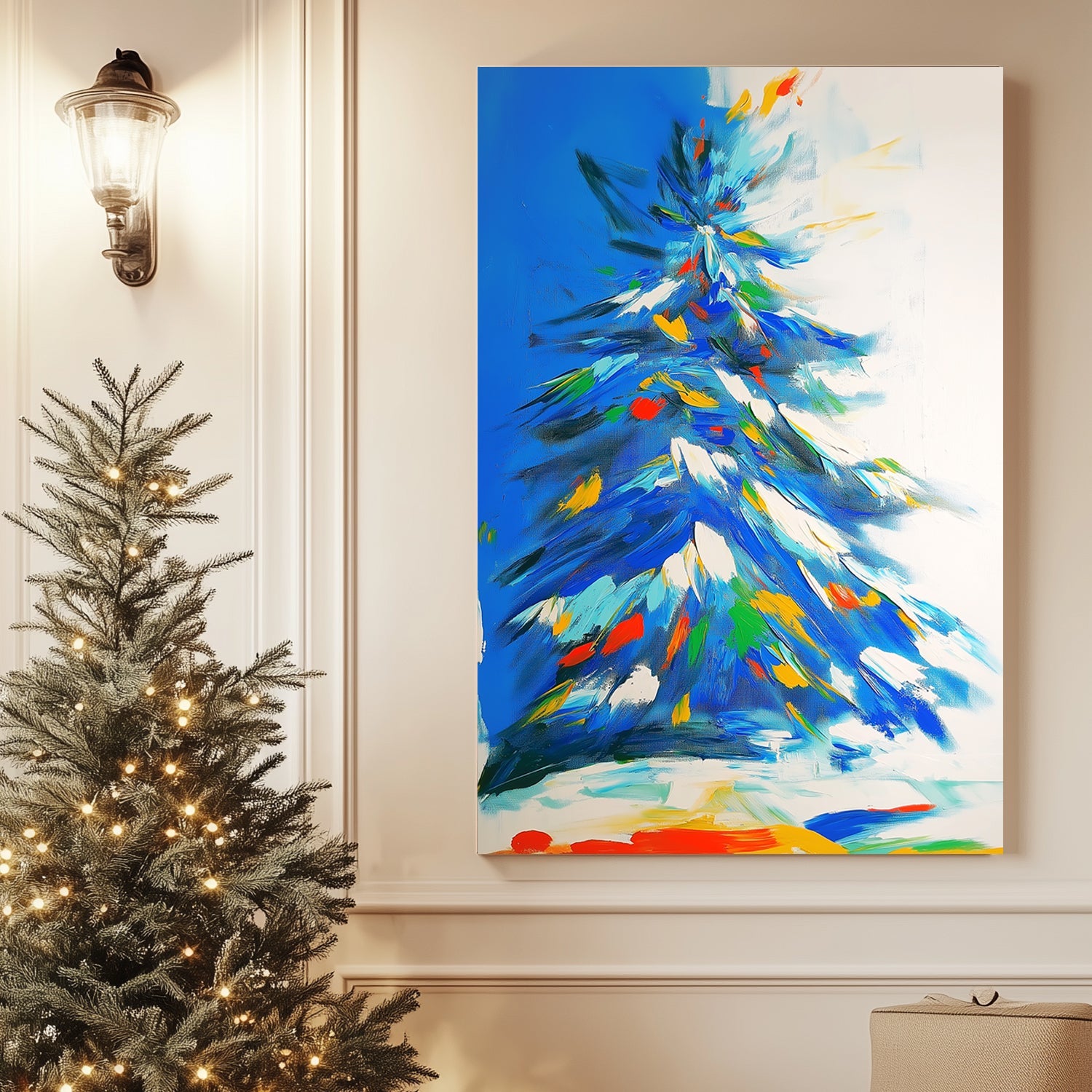 Abstract vibrant winter tree in blue with dynamic brushstrokes and colourful highlights.