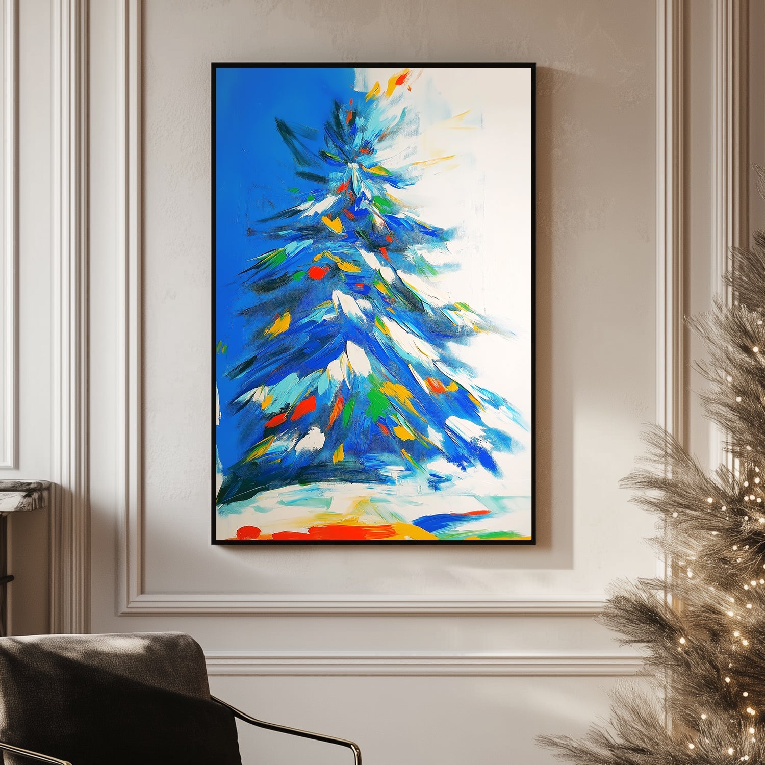 Abstract vibrant winter tree in blue with dynamic brushstrokes and colourful highlights.