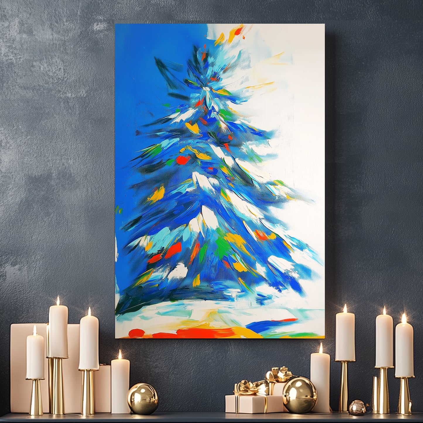 Abstract vibrant winter tree in blue with dynamic brushstrokes and colourful highlights.