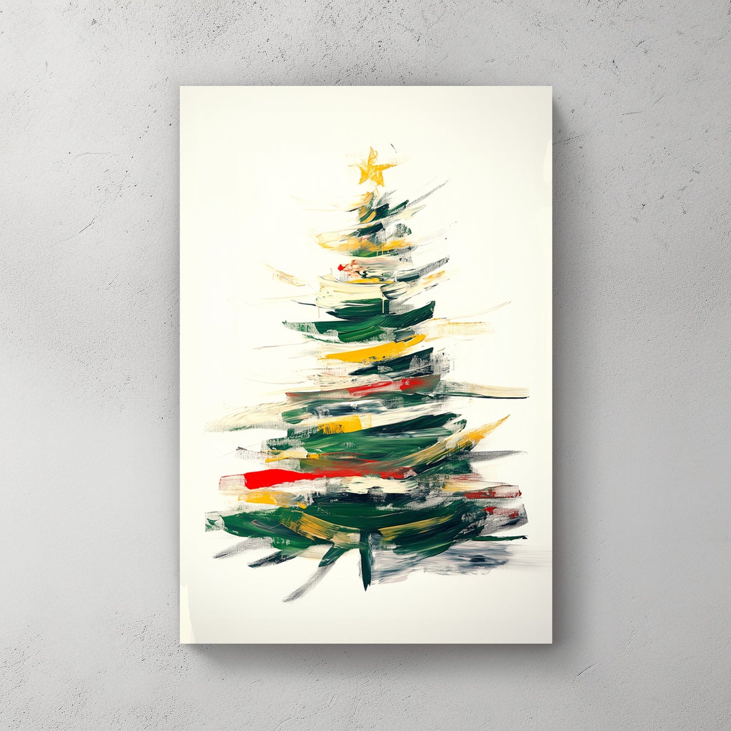 Abstract Christmas tree with green, red, and gold brushstrokes in a vibrant and modern design.