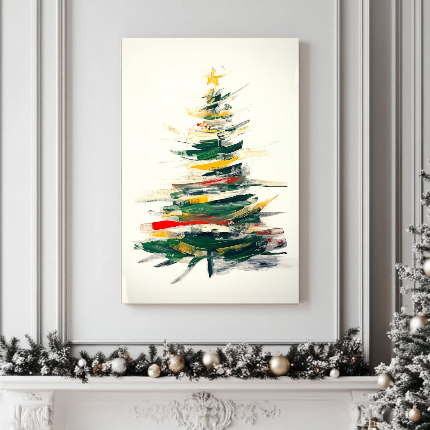 Abstract Christmas tree with green, red, and gold brushstrokes in a vibrant and modern design.