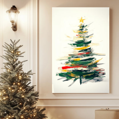 Abstract Christmas tree with green, red, and gold brushstrokes in a vibrant and modern design.