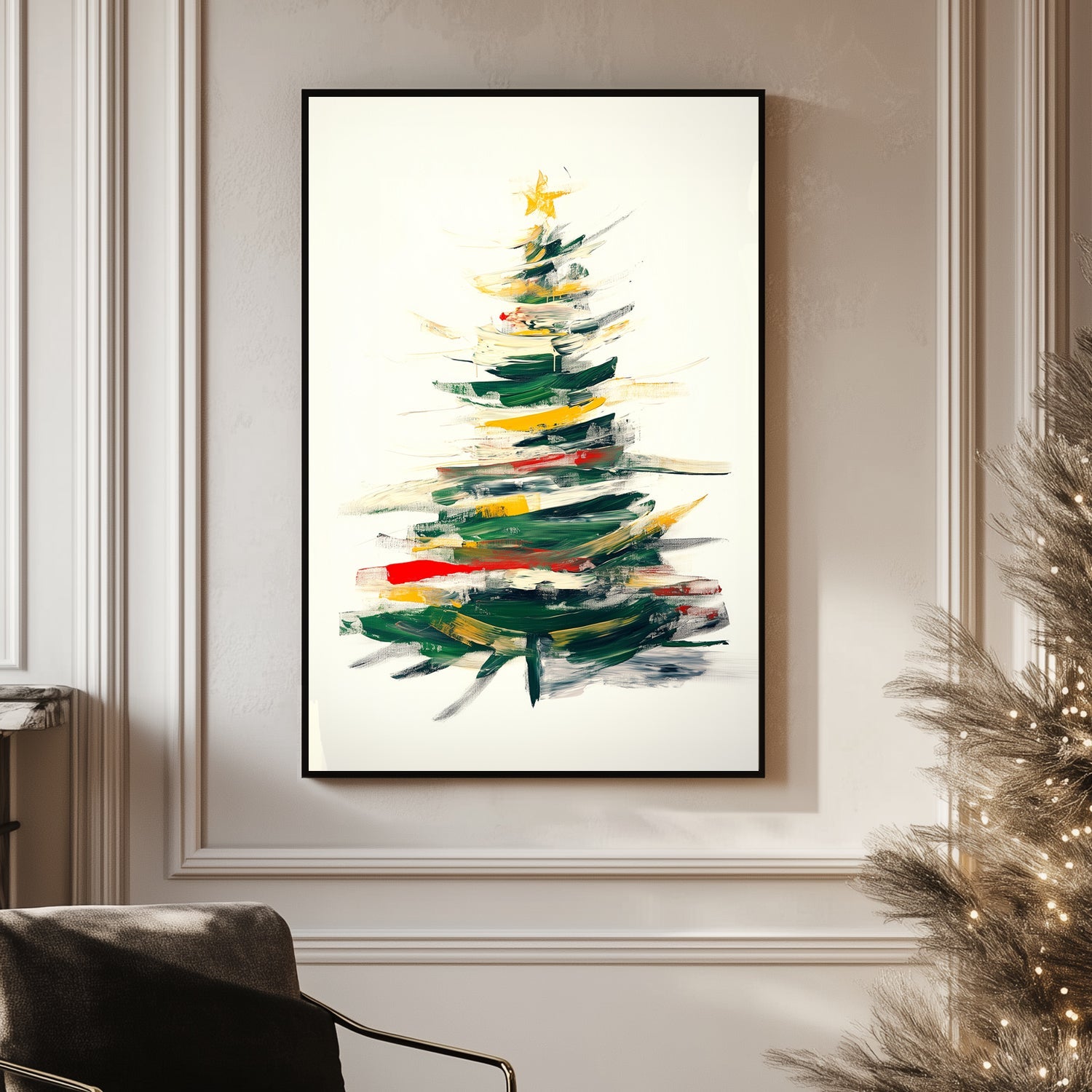 Abstract Christmas tree with green, red, and gold brushstrokes in a vibrant and modern design.