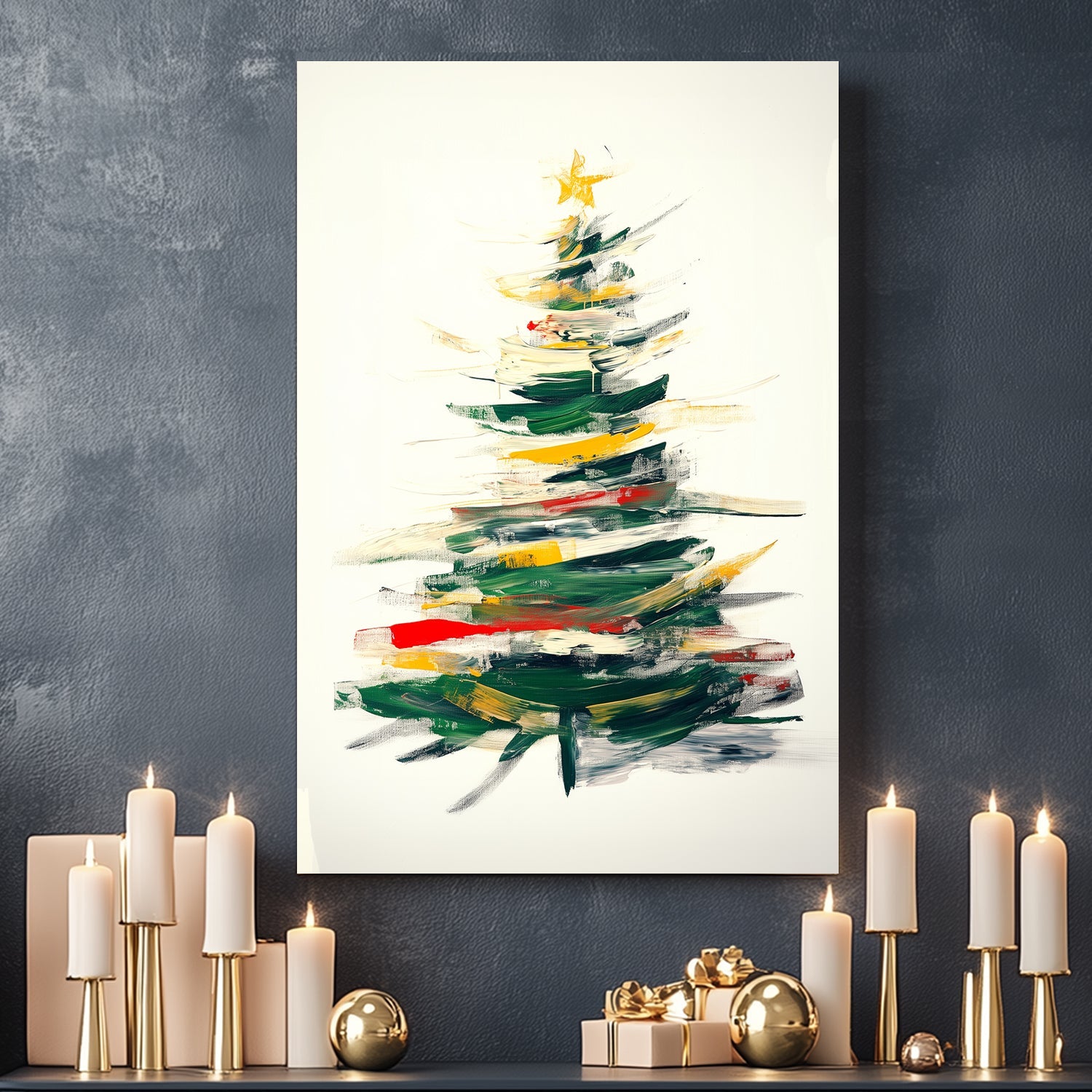 Abstract Christmas tree with green, red, and gold brushstrokes in a vibrant and modern design.