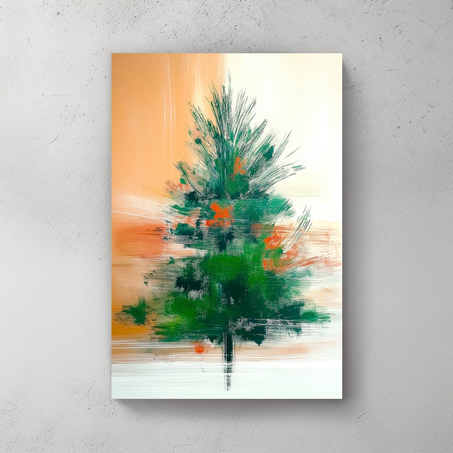 Abstract glowing pine tree with bold green and orange brushstrokes on a gradient orange and cream background.