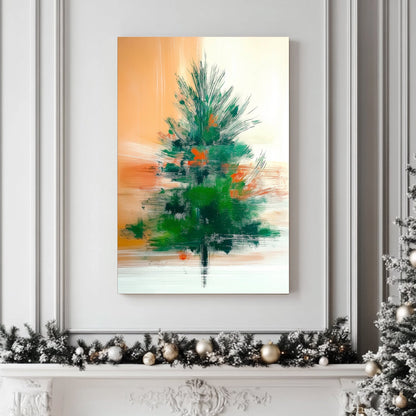 Abstract glowing pine tree with bold green and orange brushstrokes on a gradient orange and cream background.