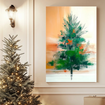 Abstract glowing pine tree with bold green and orange brushstrokes on a gradient orange and cream background.