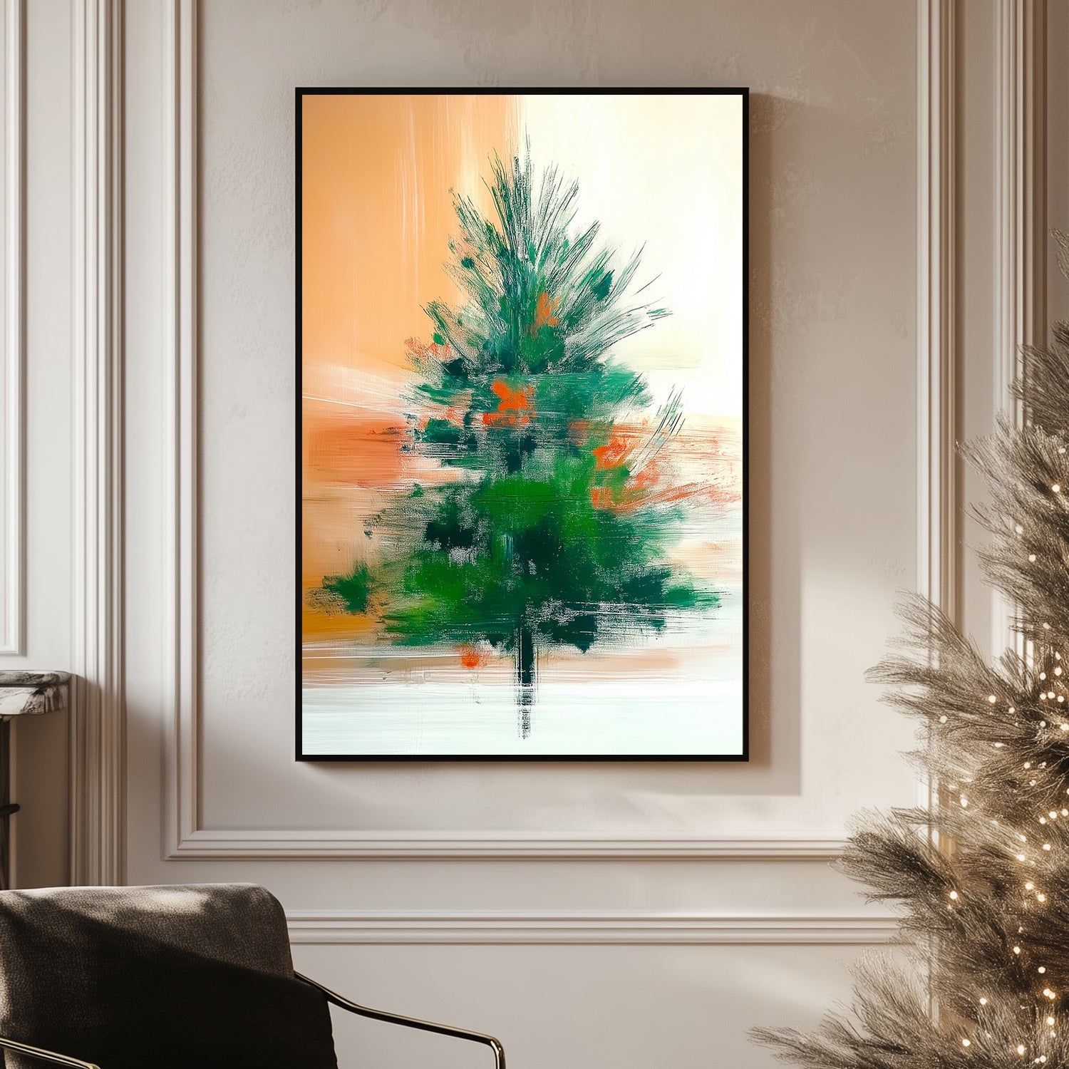 Abstract glowing pine tree with bold green and orange brushstrokes on a gradient orange and cream background.