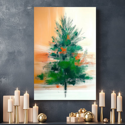 Abstract glowing pine tree with bold green and orange brushstrokes on a gradient orange and cream background.