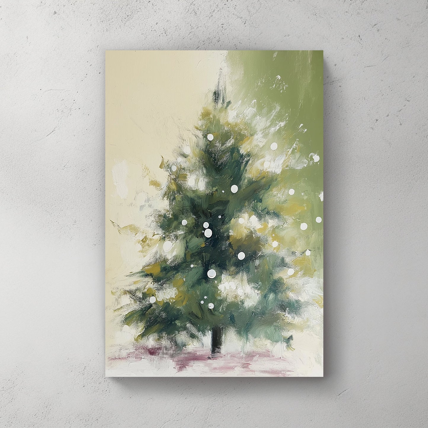 Abstract holiday tree with soft green tones, snow-like white dots, and a serene winter background.