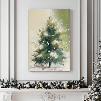 Abstract holiday tree with soft green tones, snow-like white dots, and a serene winter background.