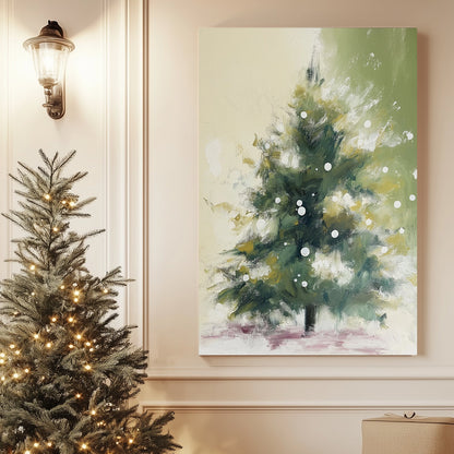 Abstract holiday tree with soft green tones, snow-like white dots, and a serene winter background.