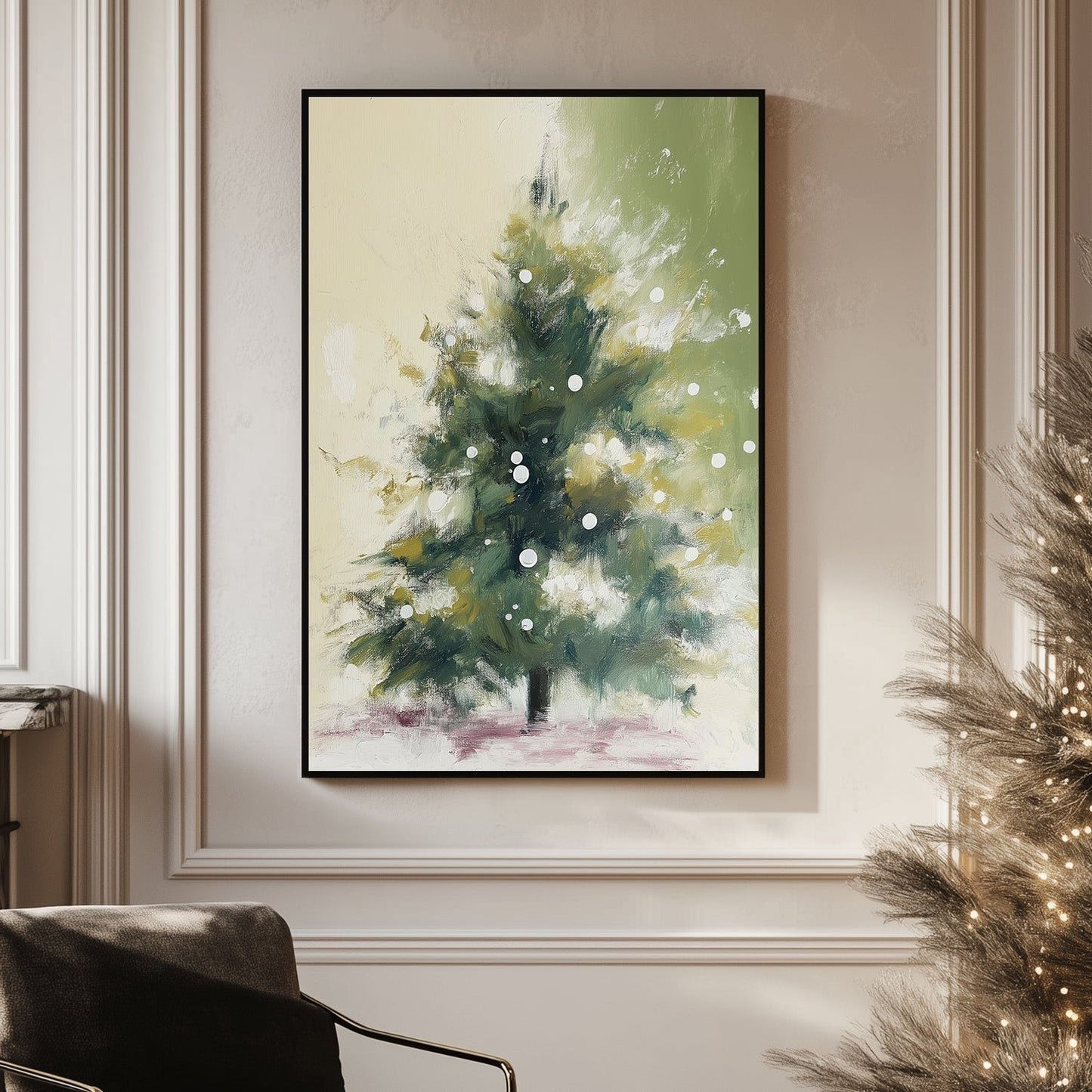 Abstract holiday tree with soft green tones, snow-like white dots, and a serene winter background.