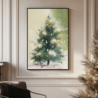 Abstract holiday tree with soft green tones, snow-like white dots, and a serene winter background.