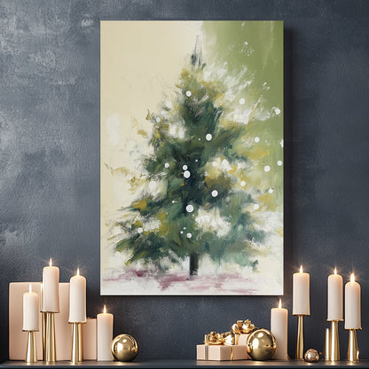 Abstract holiday tree with soft green tones, snow-like white dots, and a serene winter background.