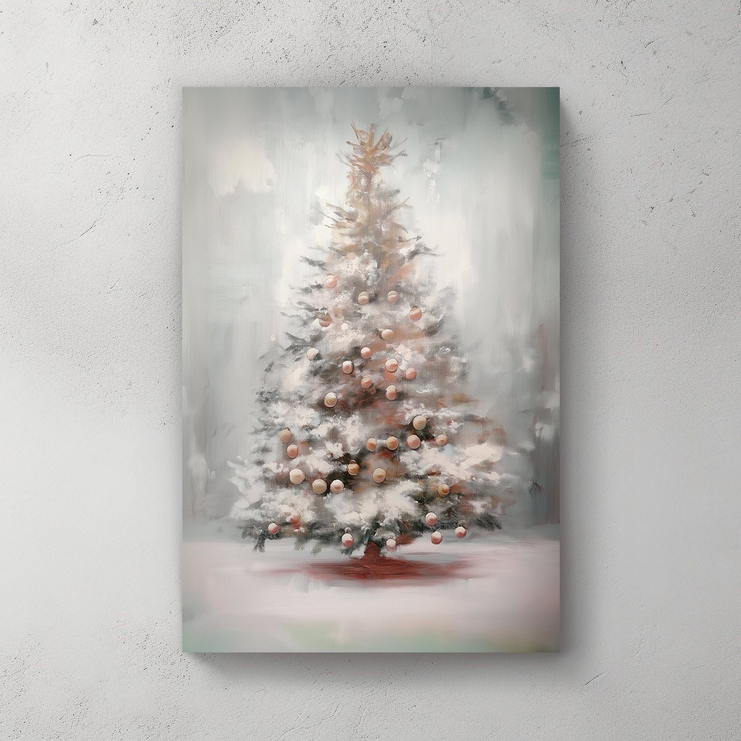 Frosted holiday tree with pastel ornaments, surrounded by a misty winter background and soft brushstrokes.