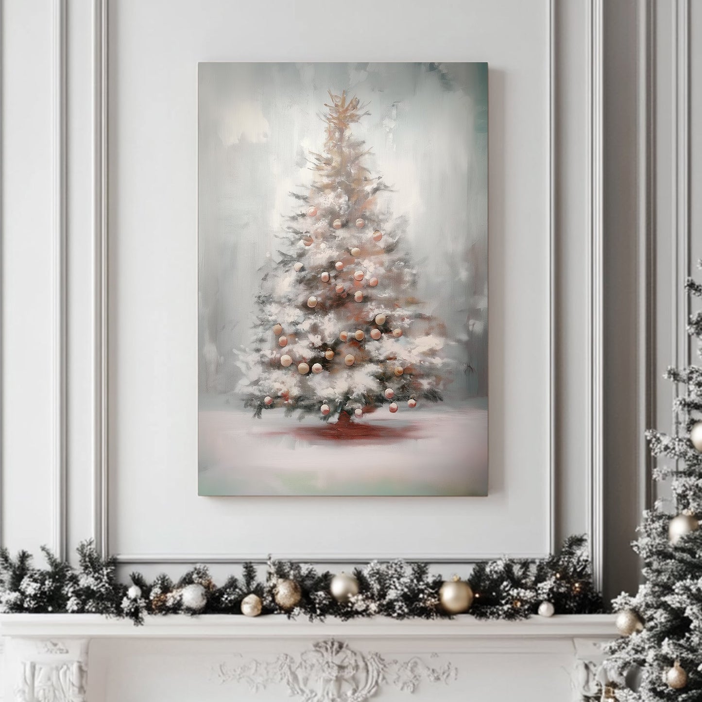 Frosted holiday tree with pastel ornaments, surrounded by a misty winter background and soft brushstrokes.