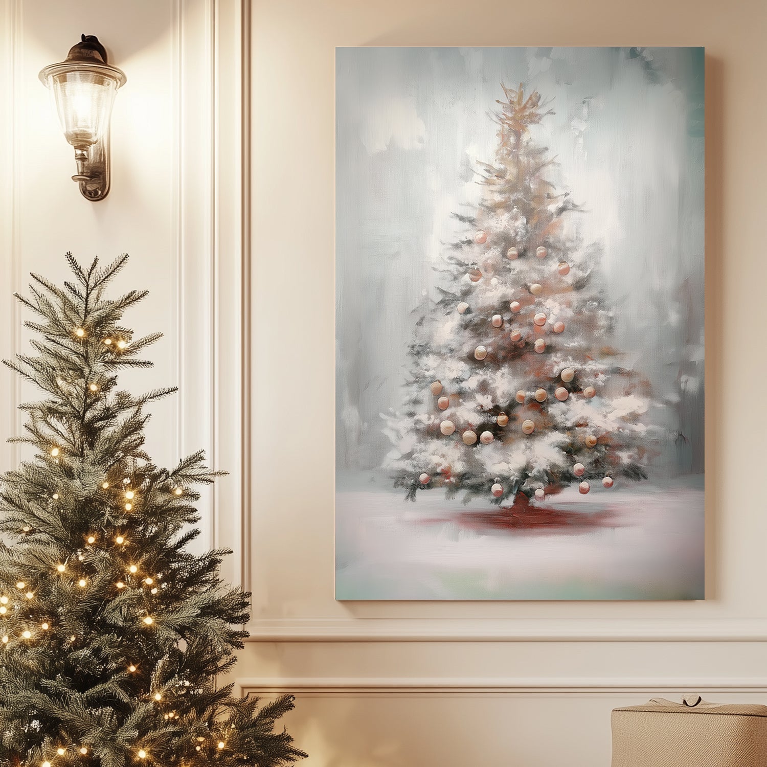 Frosted holiday tree with pastel ornaments, surrounded by a misty winter background and soft brushstrokes.