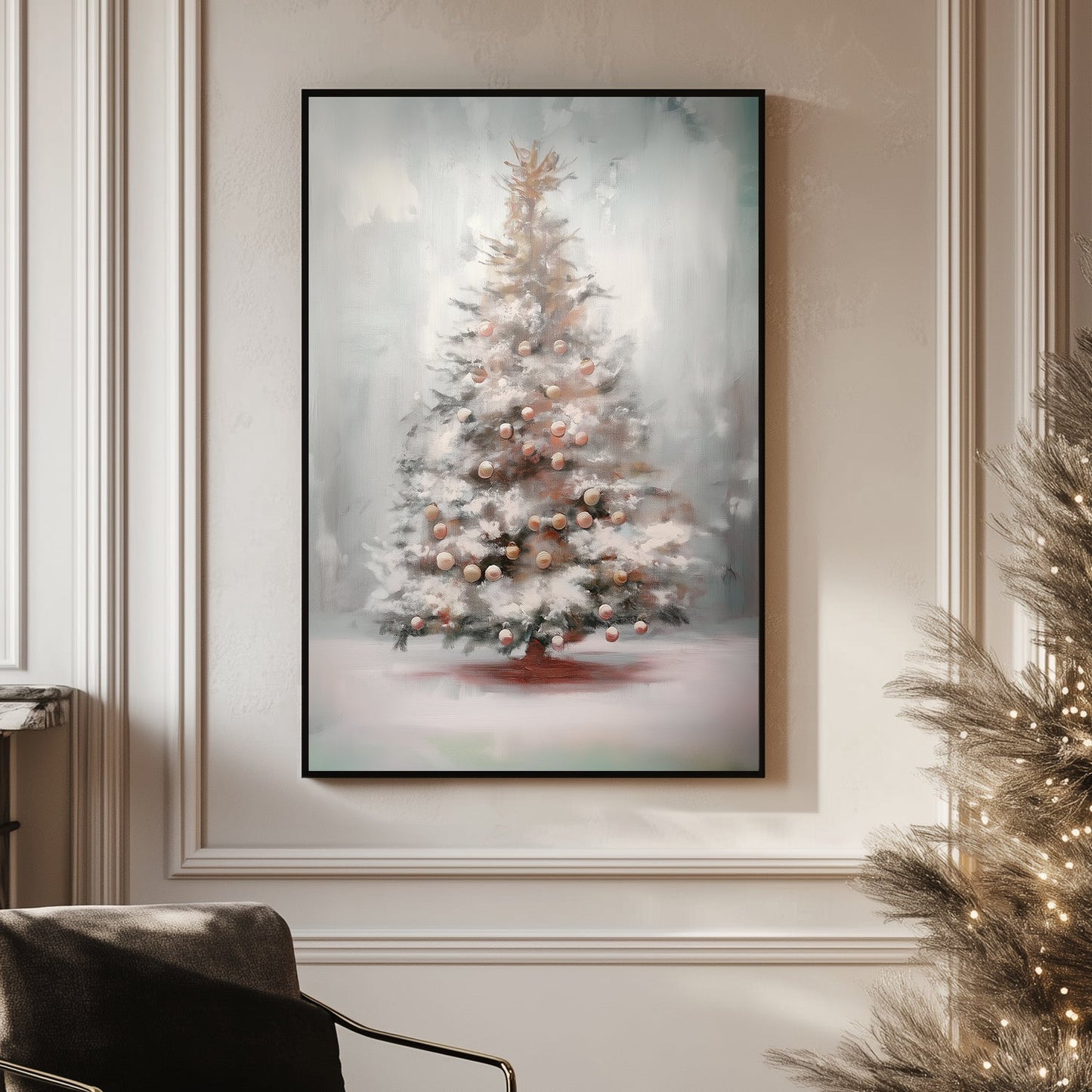 Frosted holiday tree with pastel ornaments, surrounded by a misty winter background and soft brushstrokes.