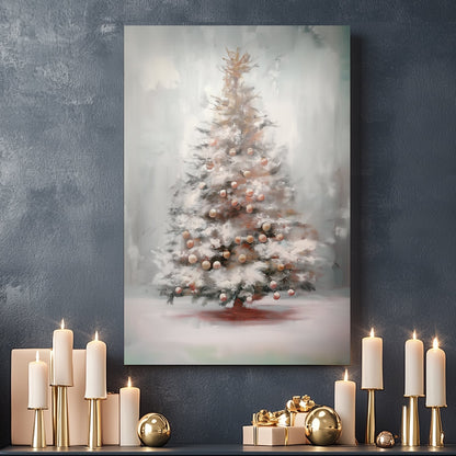 Frosted holiday tree with pastel ornaments, surrounded by a misty winter background and soft brushstrokes.