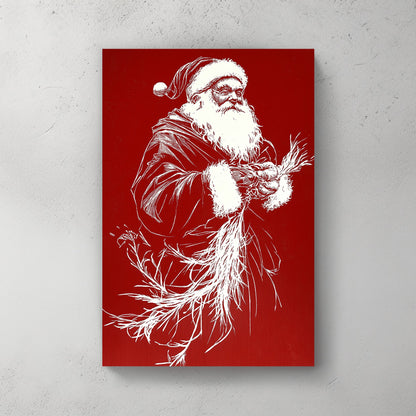 Minimalist Santa Claus illustration in white on a vivid red background, showcasing a bold and contemporary holiday design.