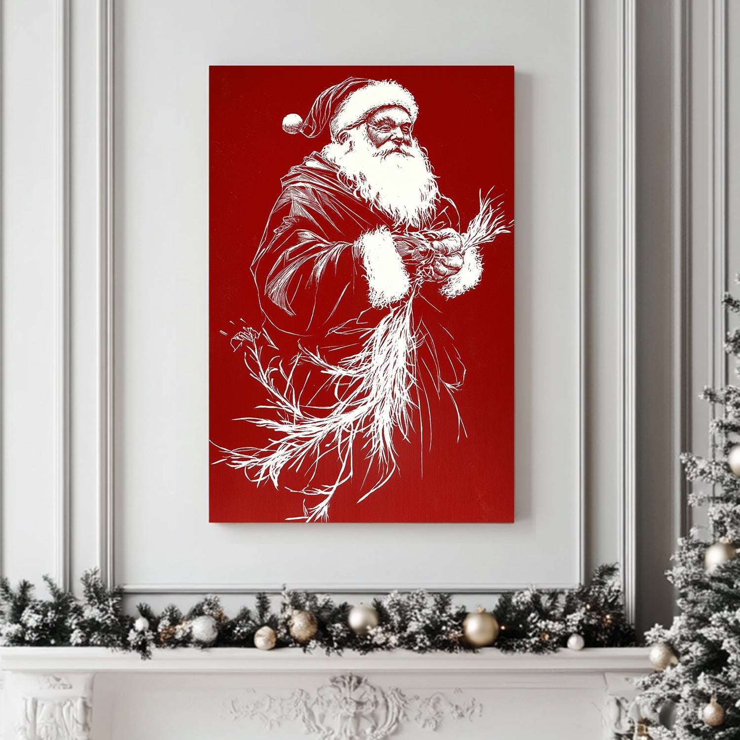 Minimalist Santa Claus illustration in white on a vivid red background, showcasing a bold and contemporary holiday design.