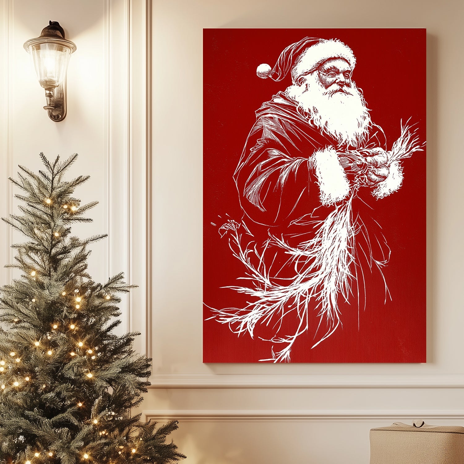 Minimalist Santa Claus illustration in white on a vivid red background, showcasing a bold and contemporary holiday design.