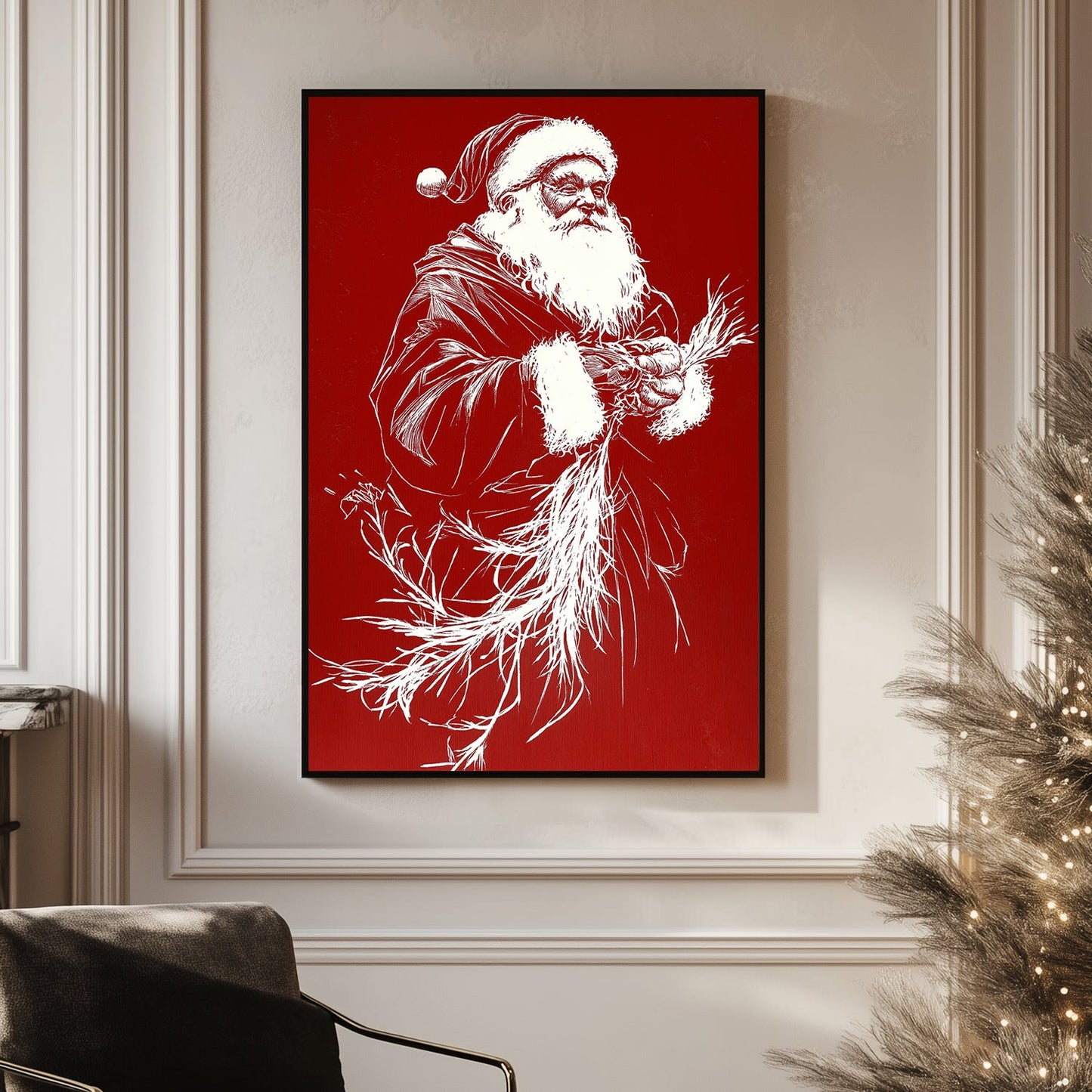 Minimalist Santa Claus illustration in white on a vivid red background, showcasing a bold and contemporary holiday design.