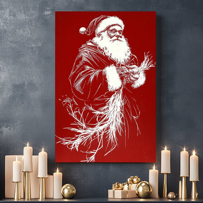 Minimalist Santa Claus illustration in white on a vivid red background, showcasing a bold and contemporary holiday design.