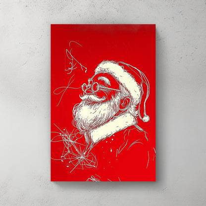 Modern Santa Claus illustration in white on a bright red background, featuring flowing lines and whimsical holiday charm.