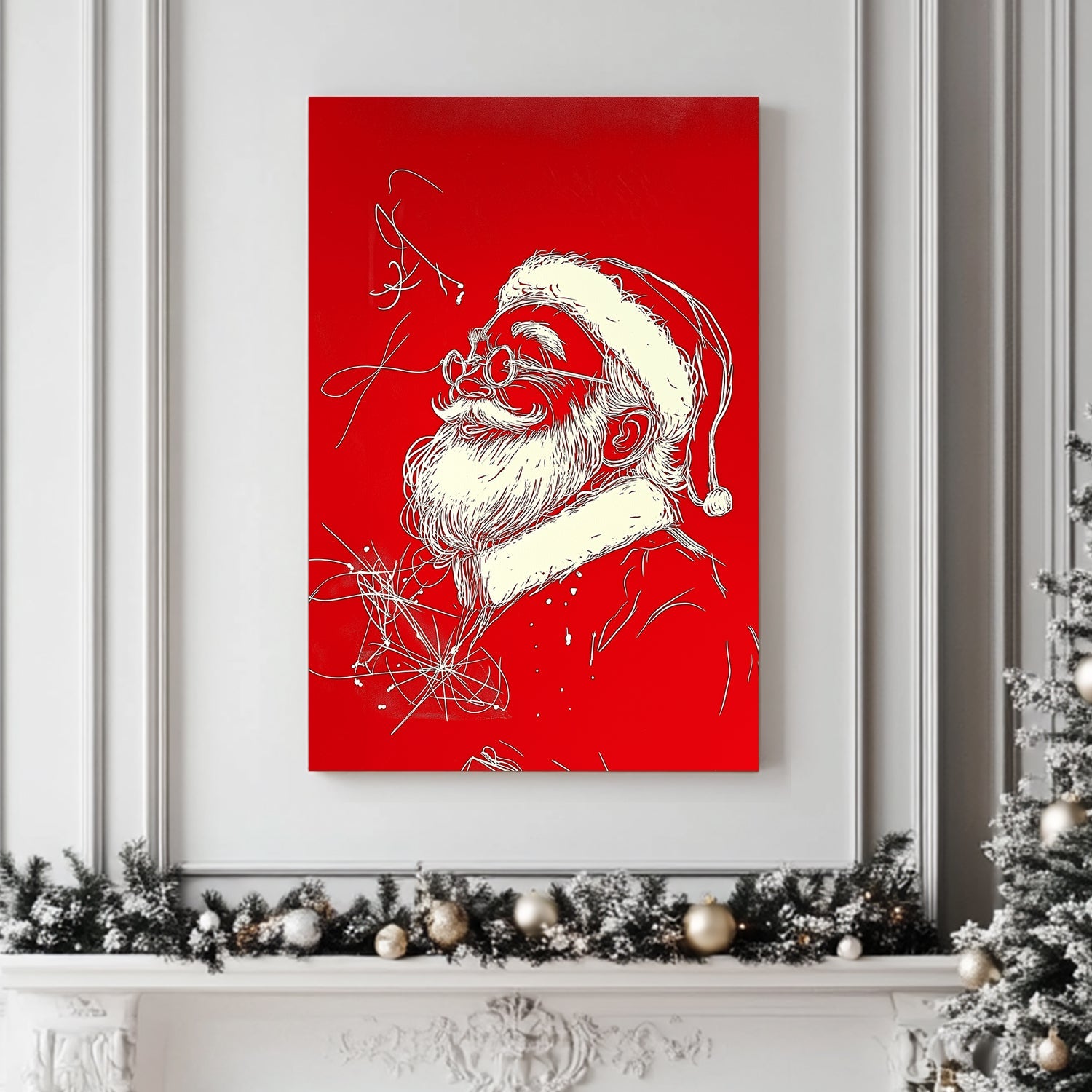 Modern Santa Claus illustration in white on a bright red background, featuring flowing lines and whimsical holiday charm.