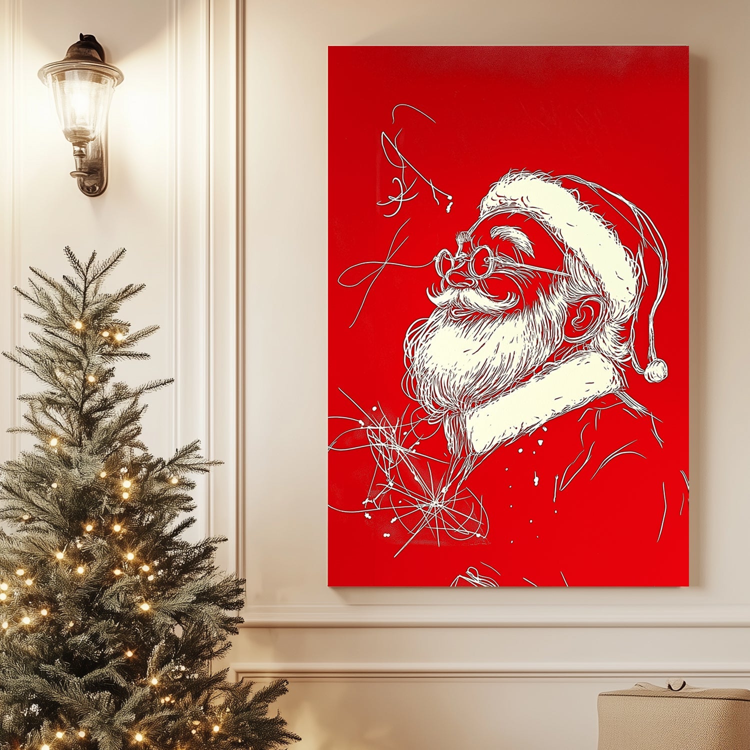 Modern Santa Claus illustration in white on a bright red background, featuring flowing lines and whimsical holiday charm.