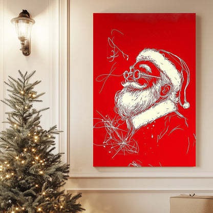 Modern Santa Claus illustration in white on a bright red background, featuring flowing lines and whimsical holiday charm.