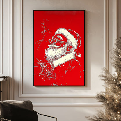 Modern Santa Claus illustration in white on a bright red background, featuring flowing lines and whimsical holiday charm.