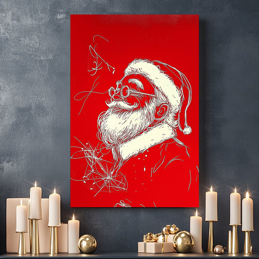 Modern Santa Claus illustration in white on a bright red background, featuring flowing lines and whimsical holiday charm.