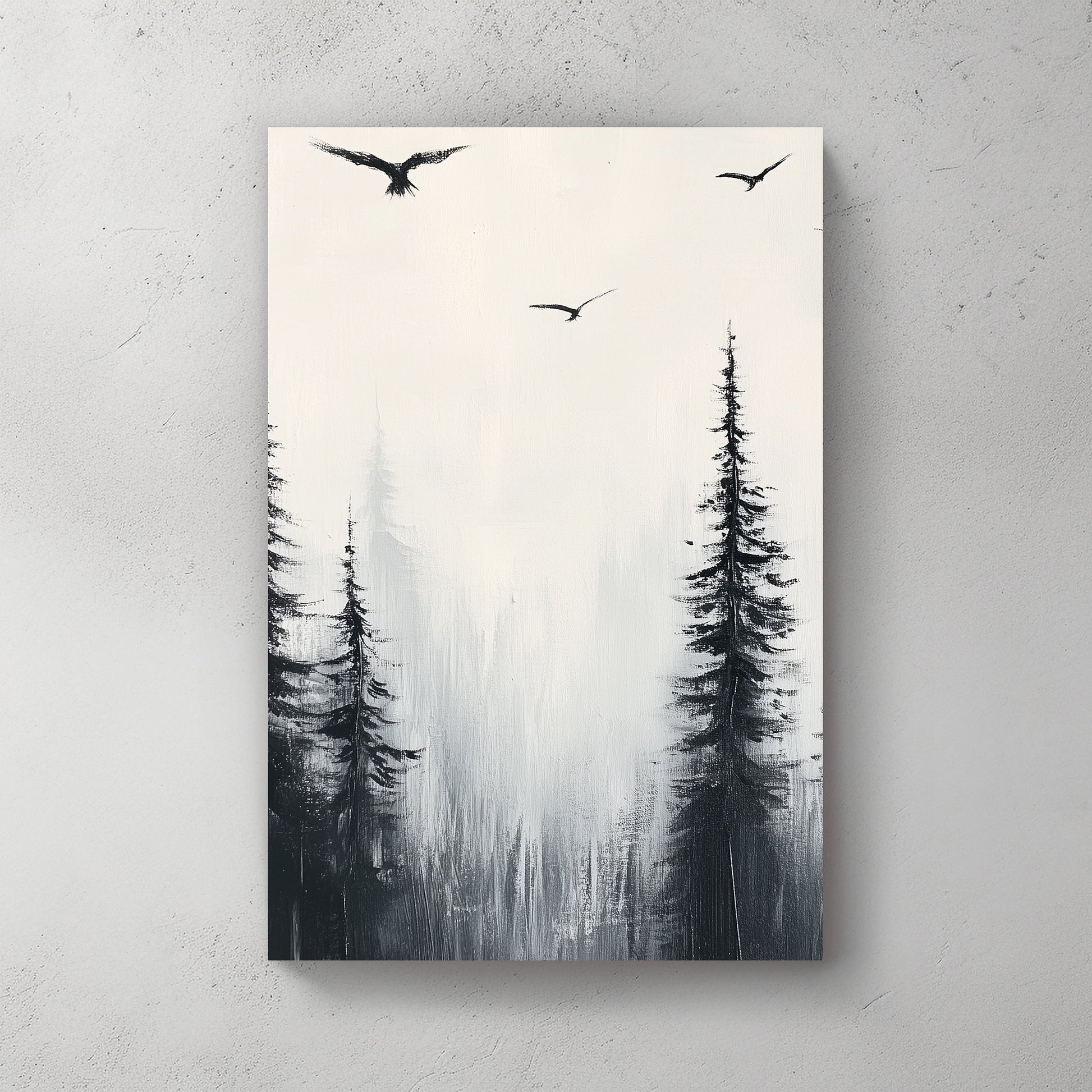 Monochromatic painting of misty pine trees with birds soaring above, capturing nature’s serenity and simplicity.