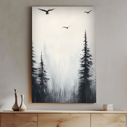 Monochromatic painting of misty pine trees with birds soaring above, capturing nature’s serenity and simplicity.