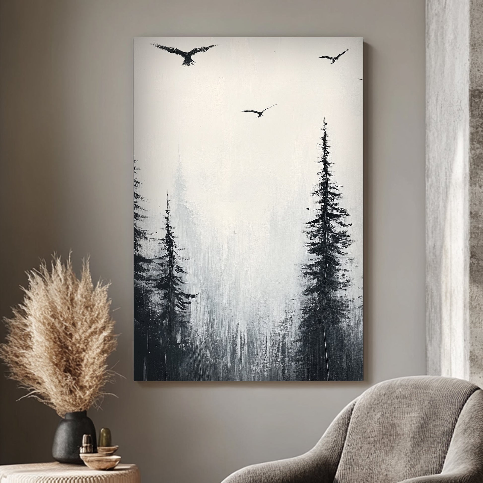 Monochromatic painting of misty pine trees with birds soaring above, capturing nature’s serenity and simplicity.