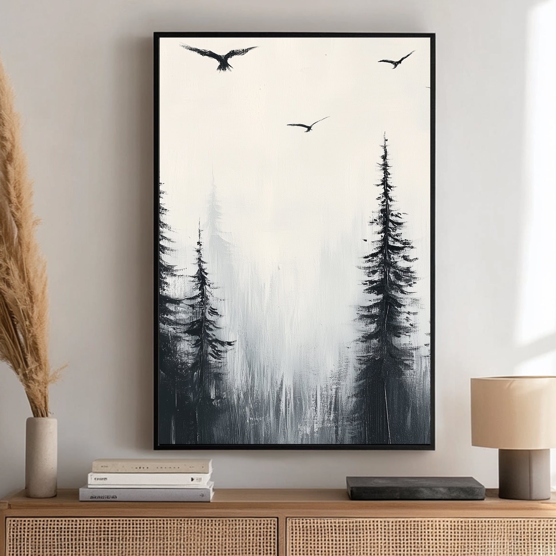 Monochromatic painting of misty pine trees with birds soaring above, capturing nature’s serenity and simplicity.