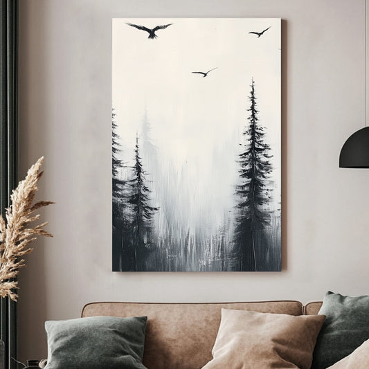 Monochromatic painting of misty pine trees with birds soaring above, capturing nature’s serenity and simplicity.