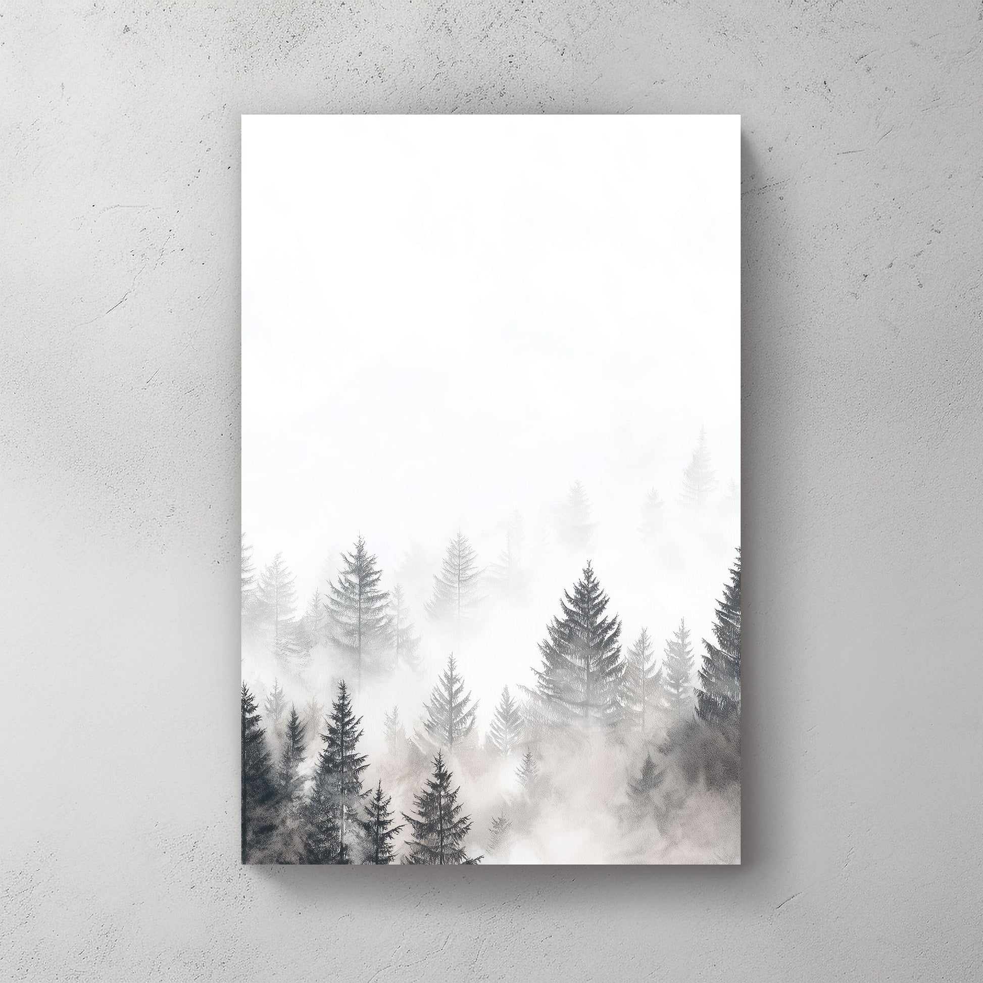 Watercolour-style painting of a misty forest with evergreen trees fading into fog, creating a peaceful and dreamy atmosphere.