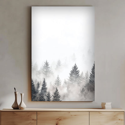 Watercolour-style painting of a misty forest with evergreen trees fading into fog, creating a peaceful and dreamy atmosphere.