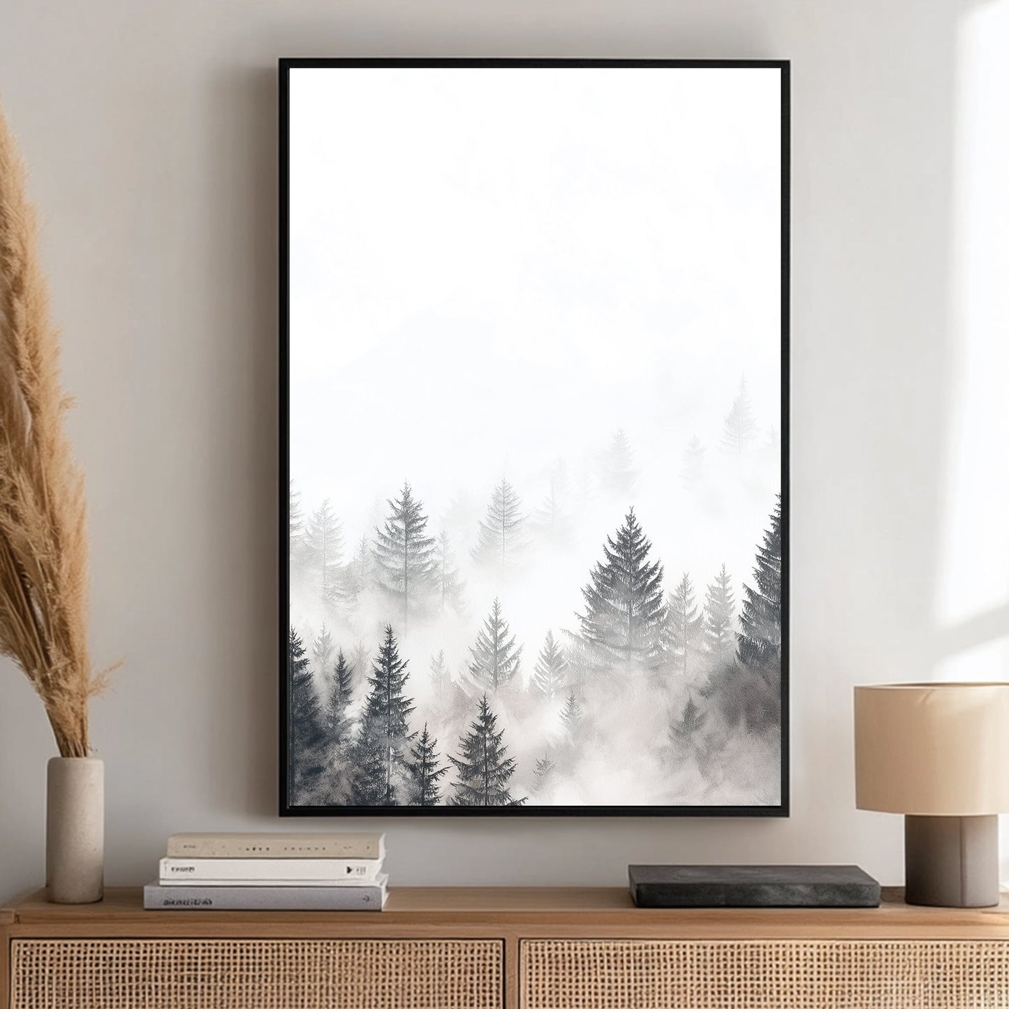 Watercolour-style painting of a misty forest with evergreen trees fading into fog, creating a peaceful and dreamy atmosphere.