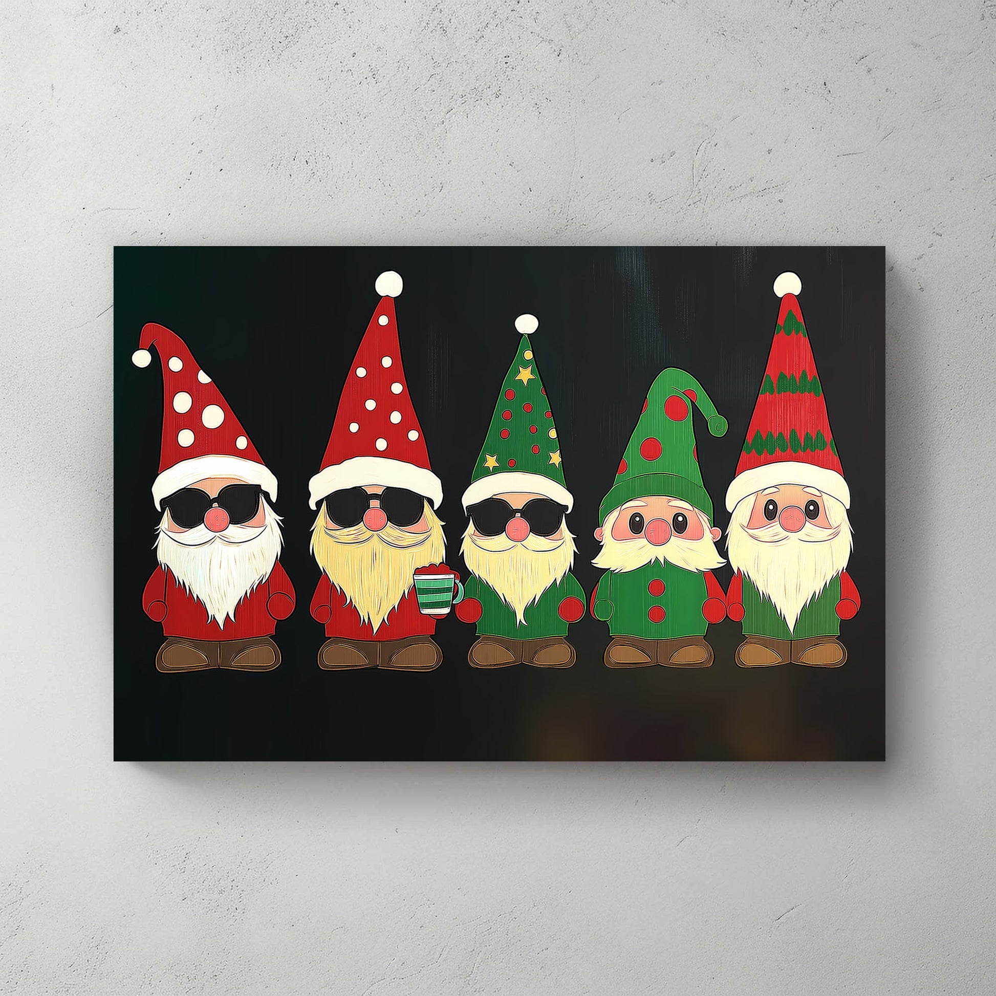 Illustration of festive gnomes in red and green outfits with unique hats and accessories, perfect for holiday decoration.