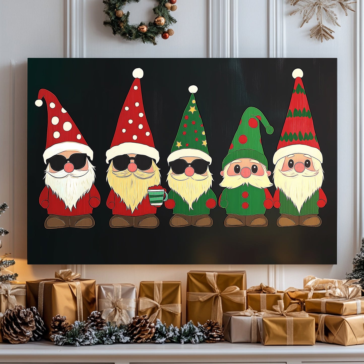 Illustration of festive gnomes in red and green outfits with unique hats and accessories, perfect for holiday decoration.