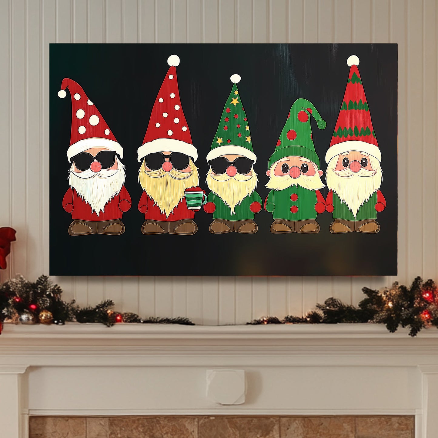 Illustration of festive gnomes in red and green outfits with unique hats and accessories, perfect for holiday decoration.